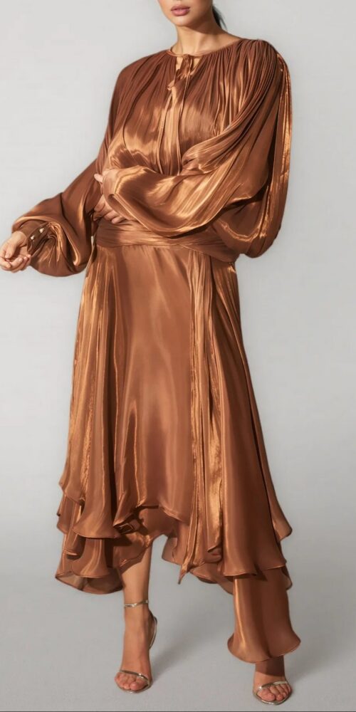 brown Pleated Bodice Draped puff sleeve Maxi Dress