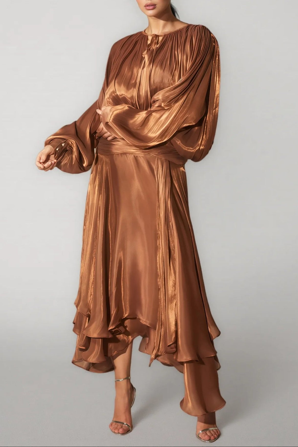 BROWN PUFF SLEEVE PLEATED BODICE MAXI DRESS