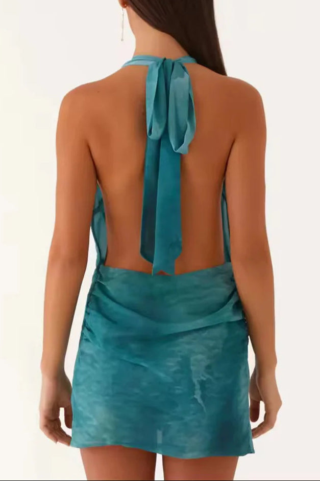TEAL HALTER MINI BEACH PARTY DRESS