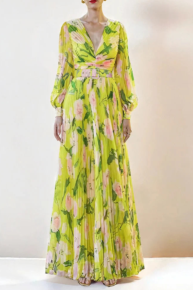 f68fd82e-c007-444d-8853-4b33fdd1dccc V-NECK SILK PRINTED PLEATED MAXI YELLOW DRESS