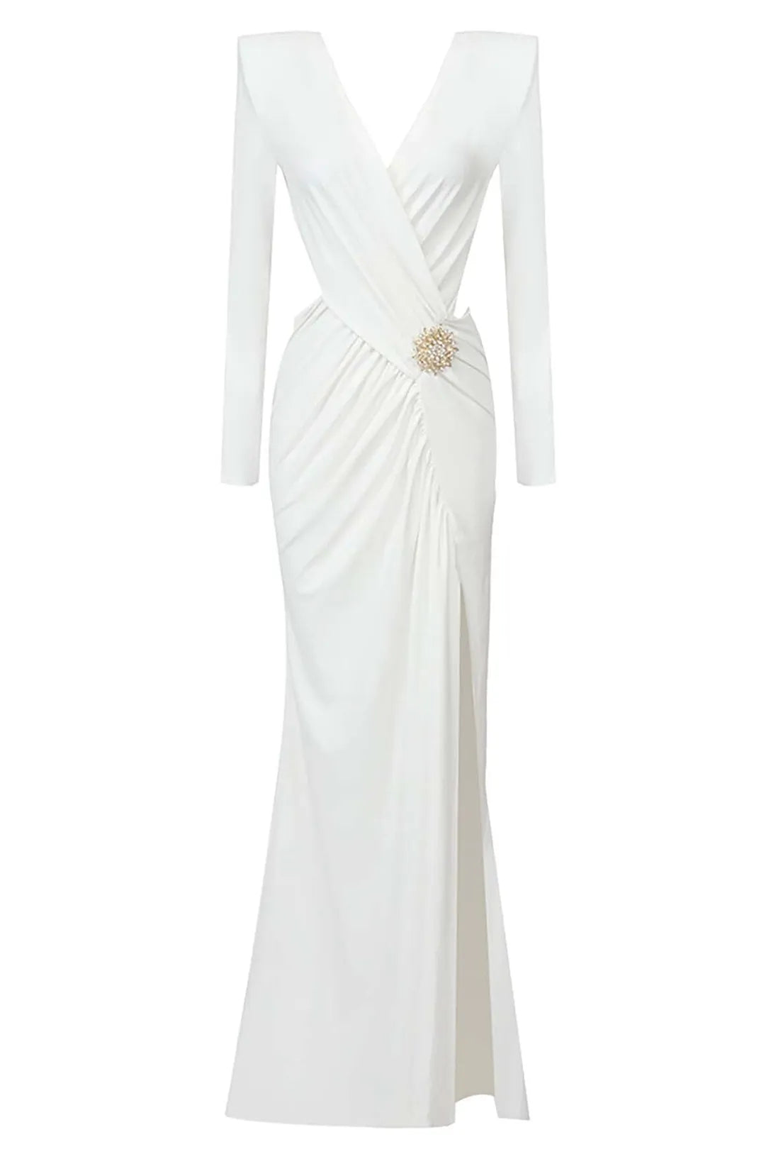 VANESSA WHITE V-NECK RUCHED CUTOUT MAXI DRESS