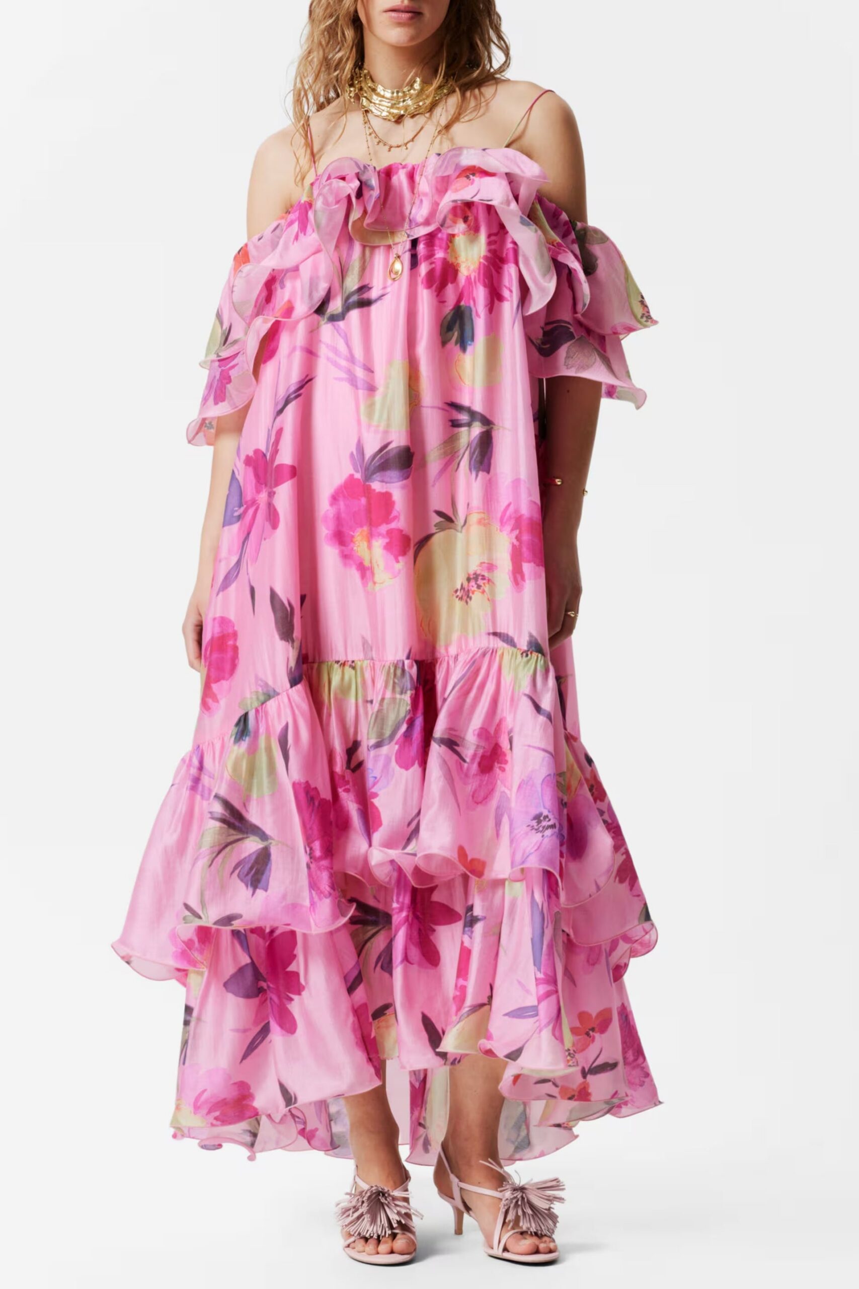 HEDWIG OFF-SHOULDER FLORAL RUFFLE MAXI DRESS ROSE RED