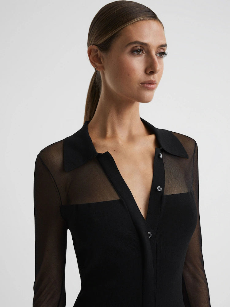 SHEER KNIT BUTTON-THROUGH BLACK MIDI DRESS