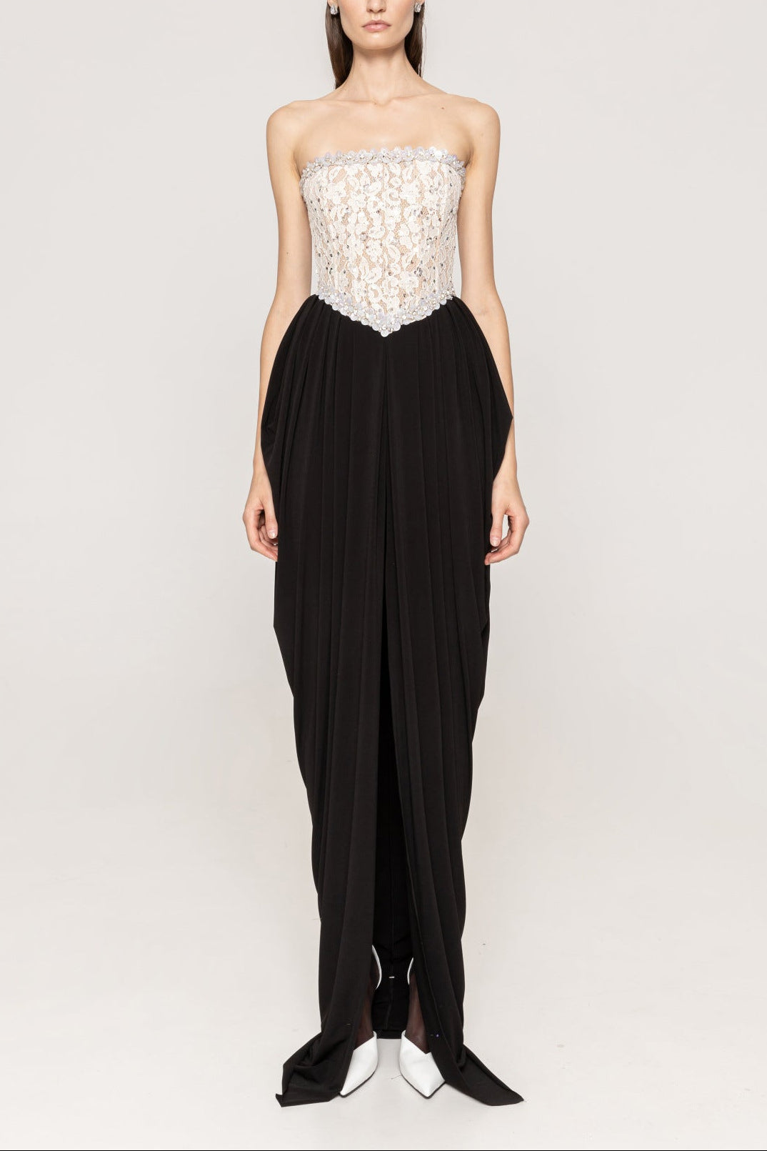sharon Lace Beaded embellished Strapless Maxi Dress in black