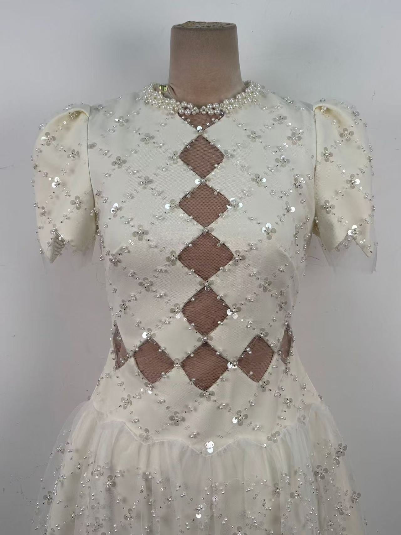 HENRIETTA IVORY SEQUIN MINI DRESS MESH PANEL