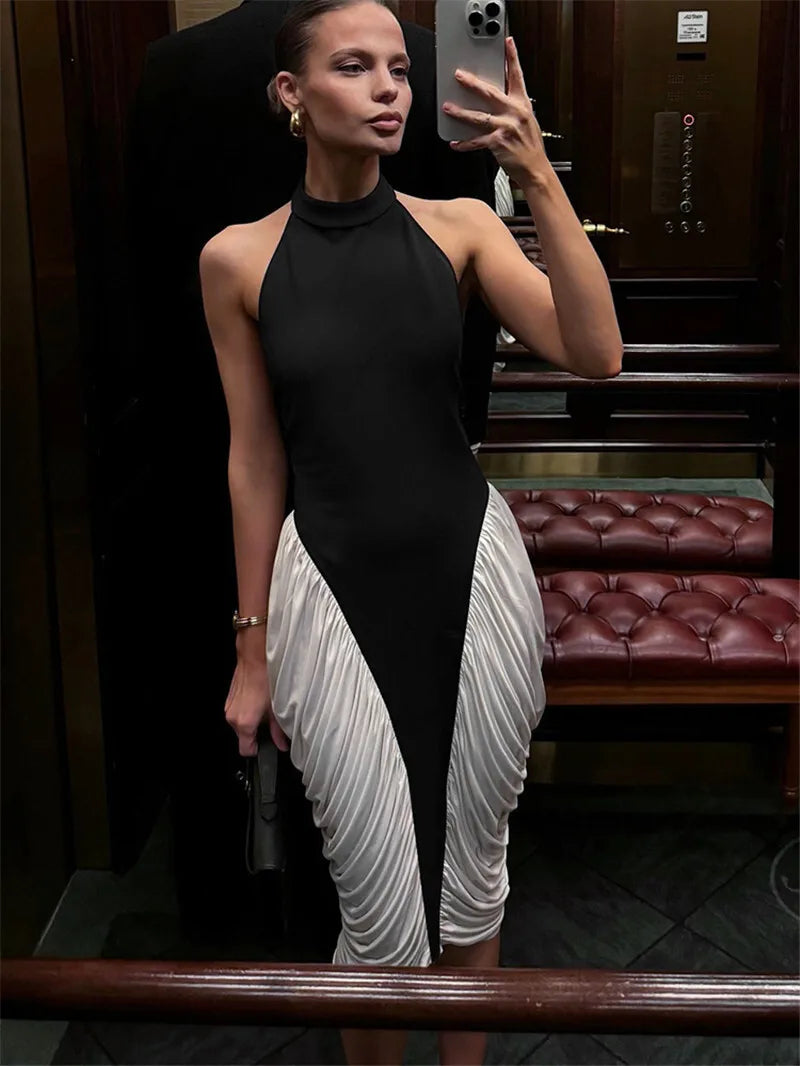 COLORBLOCK PATCHWORK SLEEVELESS PLEATED MIDI DRESS