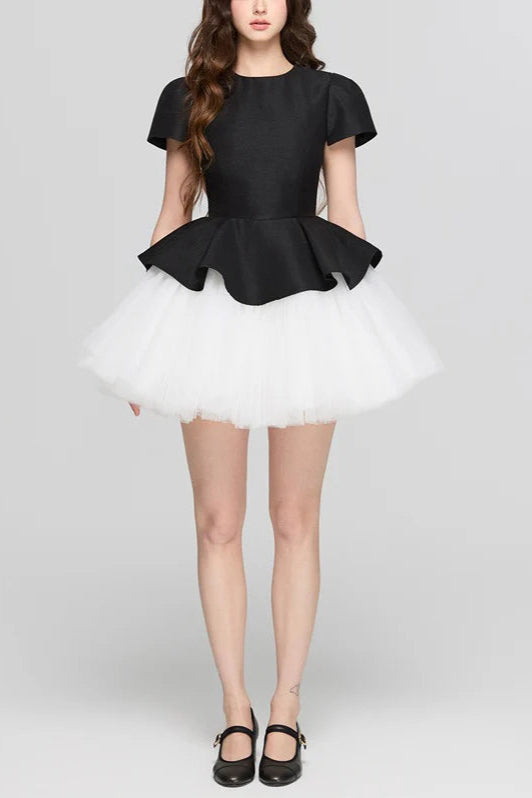 f85a5f81-ee2c-486c-995a-116f29150cbc TWO-TONE VELVET PUFFY RUFFLE MINI DRESS