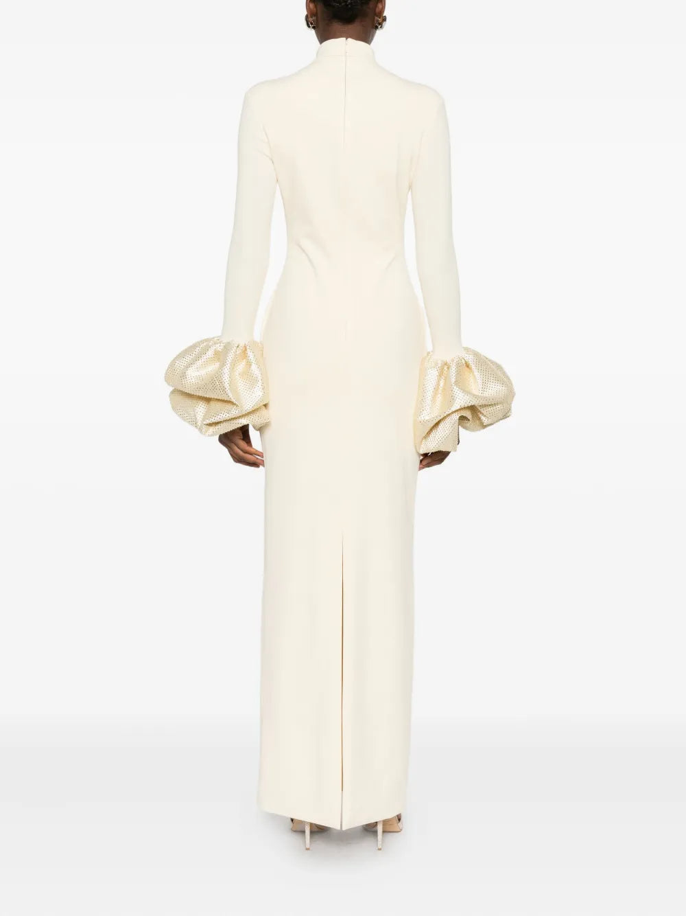 RACHEL WHITE RUFFLED CRYSTAL GOWN | MOCK-NECK EVENING DRESS