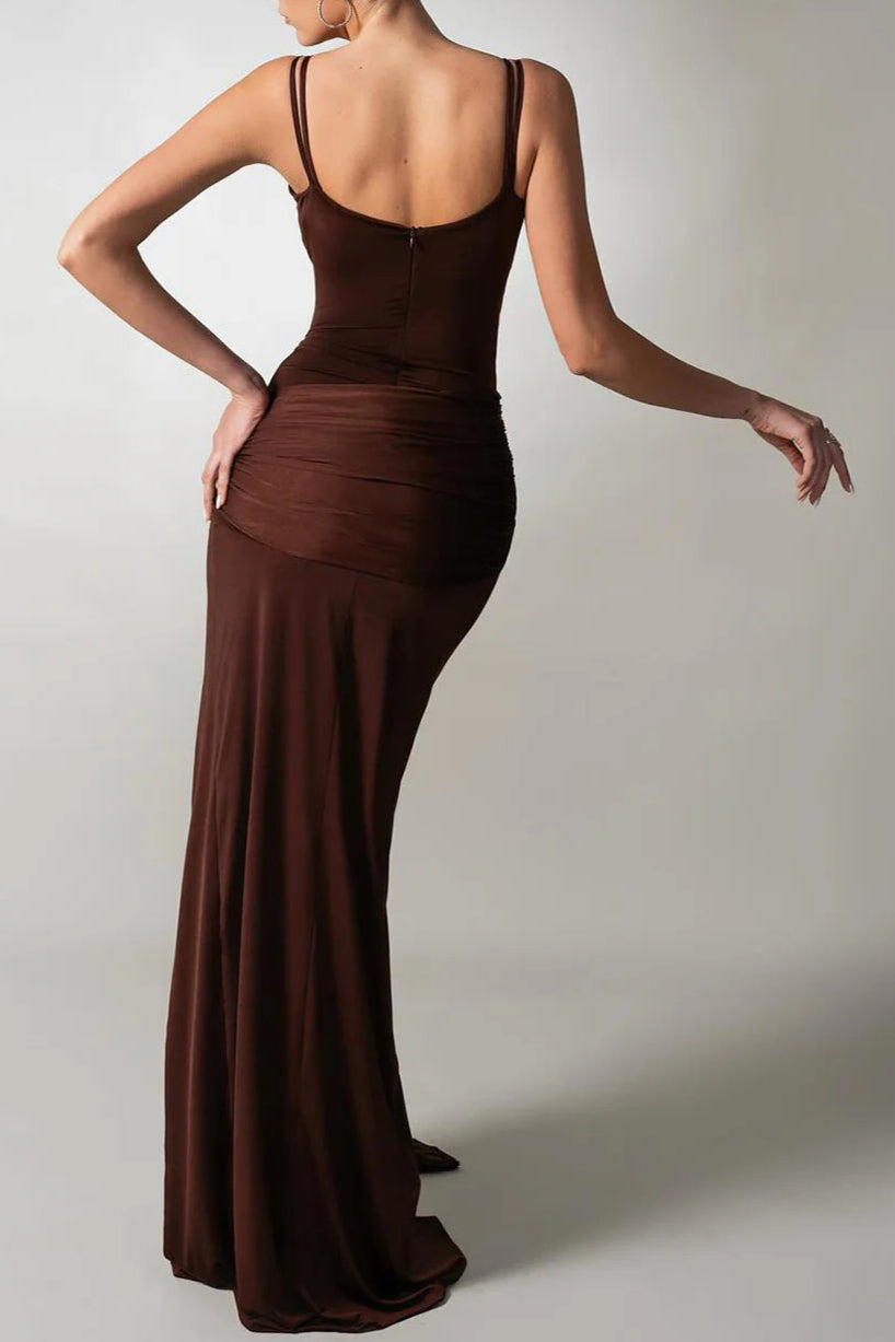 BROWN PLEATED STRAPY DRAPED SLIT MAXI DRESS