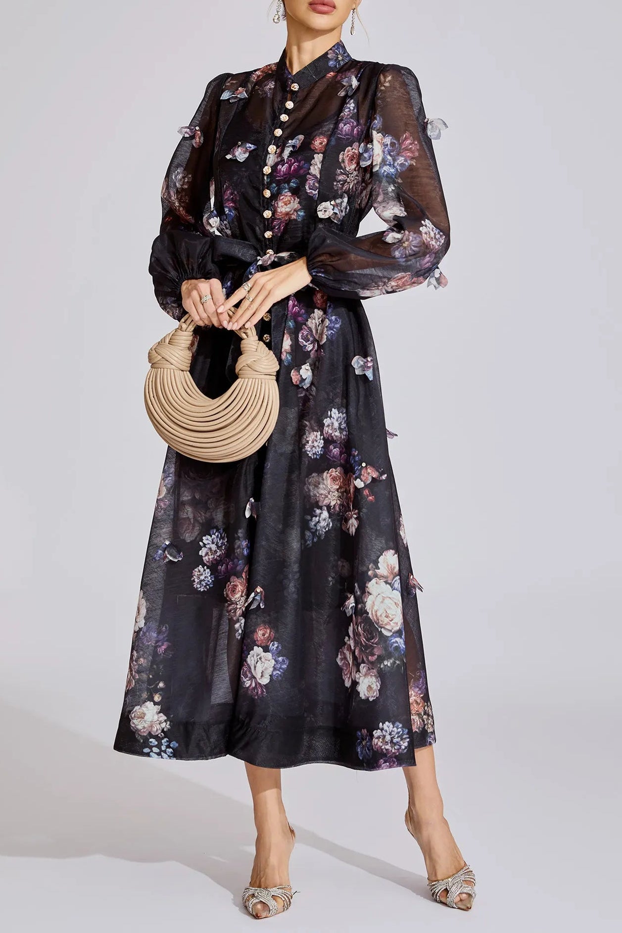 TIFFANY BLACK FLORAL PUFF SLEEVE MAXI DRESS
