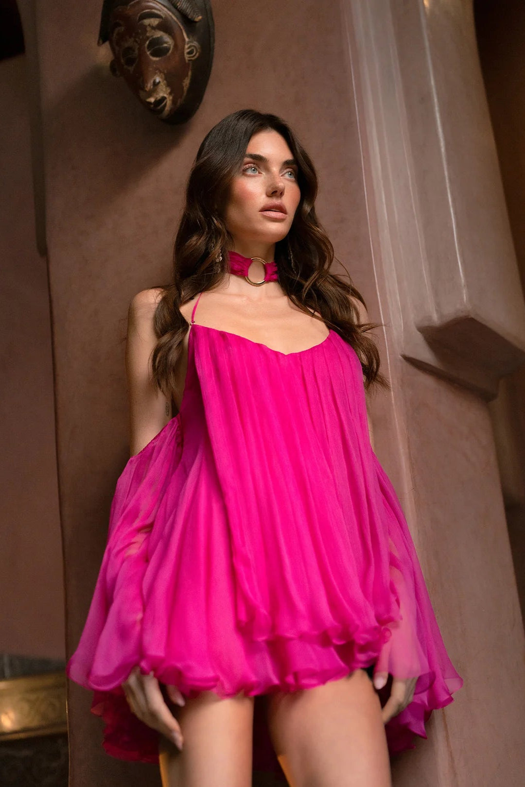 ERICA HALTER LACE-UP BACKLESS MINI DRESS FUCHSIA