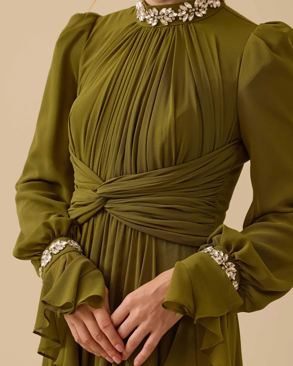 ALYSSA PUFF SLEEVE PLEATED SILK MAXI DRESS IN GREEN
