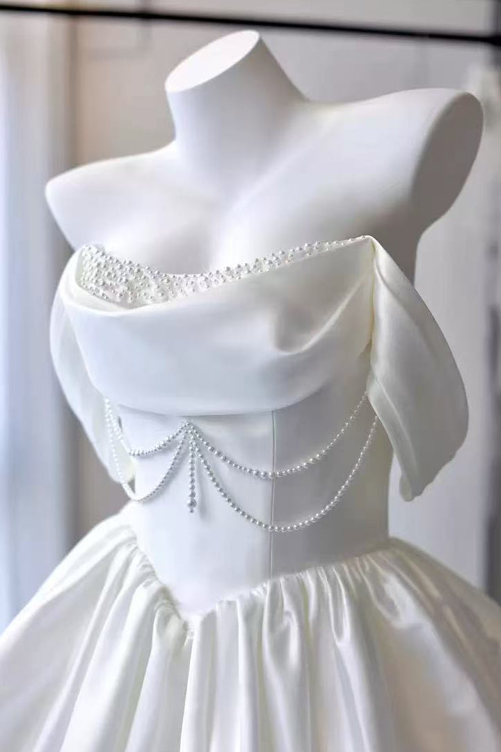WHITE SATIN BEADED OFF-SHOULDER MINI DRESS