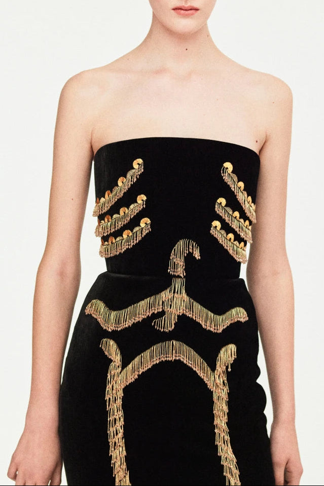 Y2K SKELETON TASSEL BUSTIER MINI DRESS BLACK