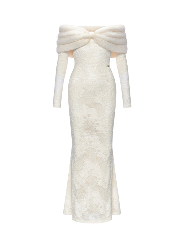 JULIA OFF-SHOULDER FUR COLLAR LACE WHITE MAXI DRESS