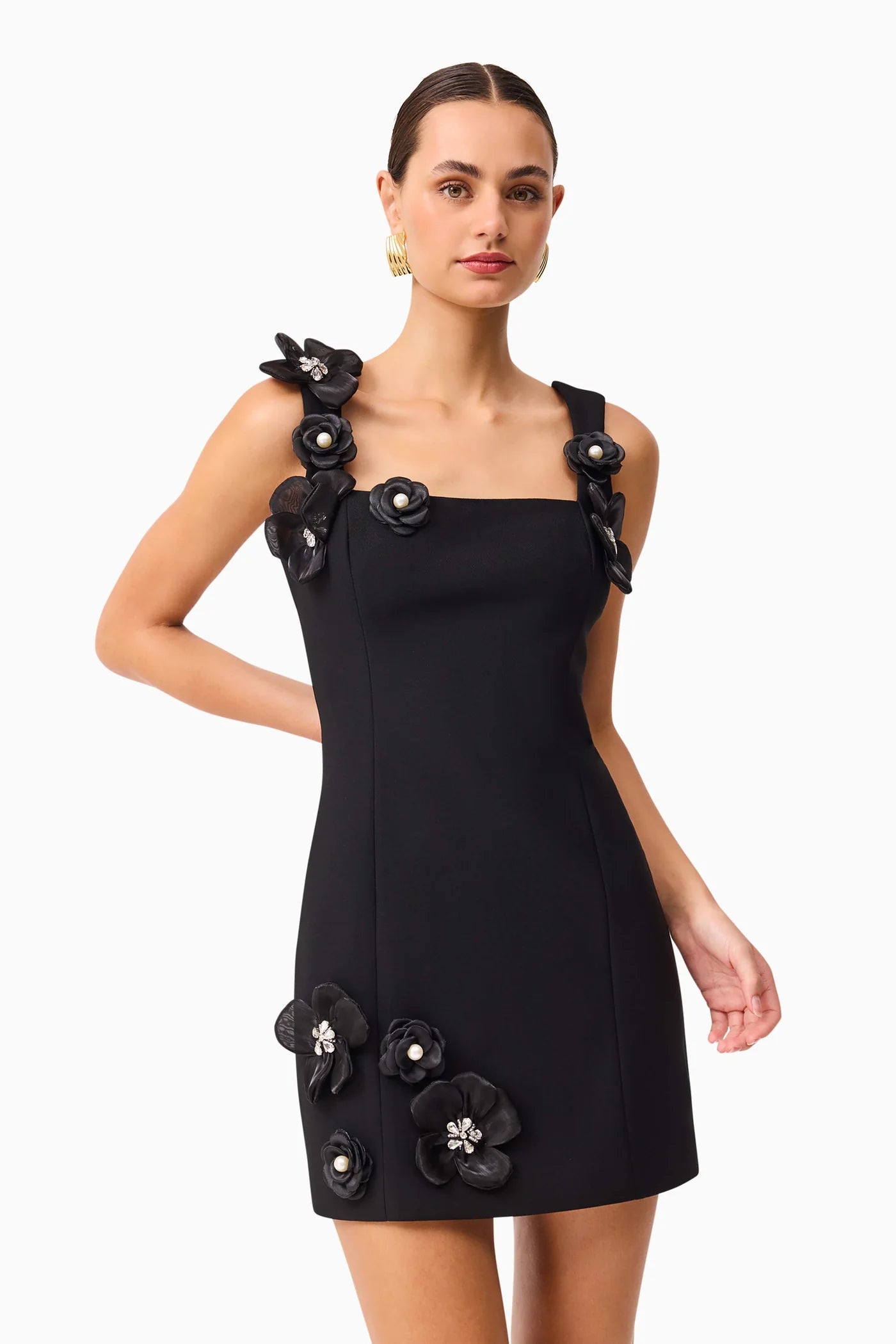 3D FLOWER MINI DRESS, BLACK, PARTY