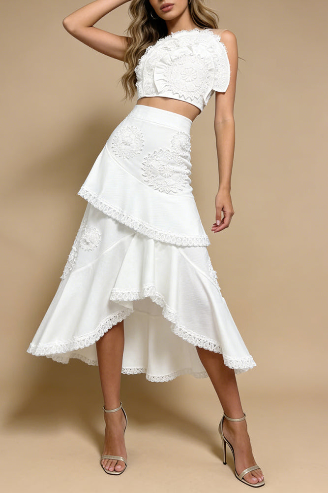 FLORAL EMBROIDERED RUFFLED STRAPLESS MERMAID SKIRT SET - WHITE
