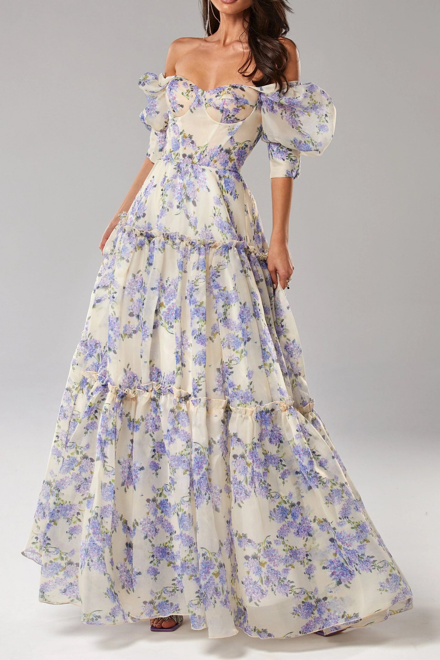 fad1e495-9d3b-4906-bb7c-02bd7b6b71f1 BLUE HYDRANGEA PRINT VOLUMINOUS SLEEVE MAXI DRESS