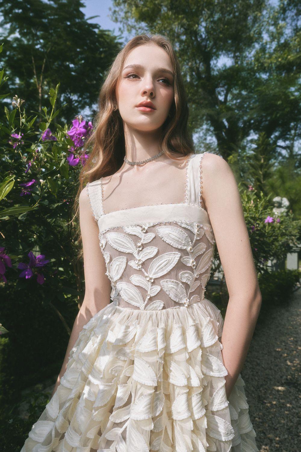 FAE A-LINE SQUARE NECK LACE MIDI DRESS CREAM WHITE