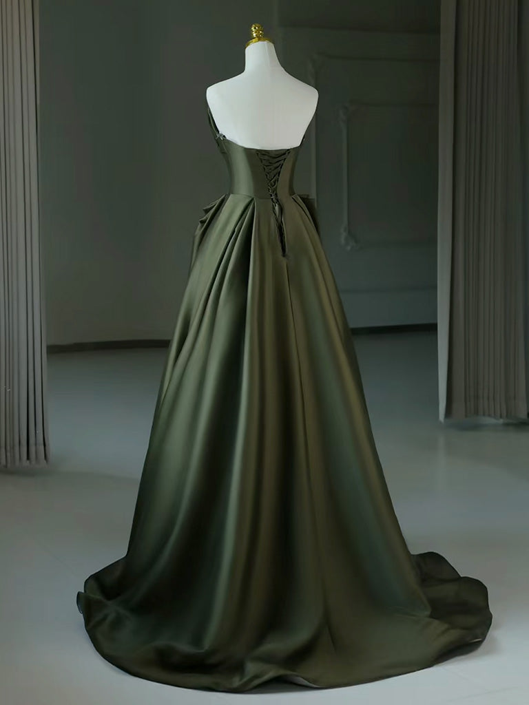 A-LINE V-NECK SATIN GREEN PROM DRESS