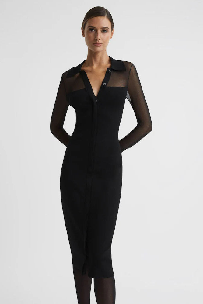 SHEER KNIT BUTTON-THROUGH BLACK MIDI DRESS