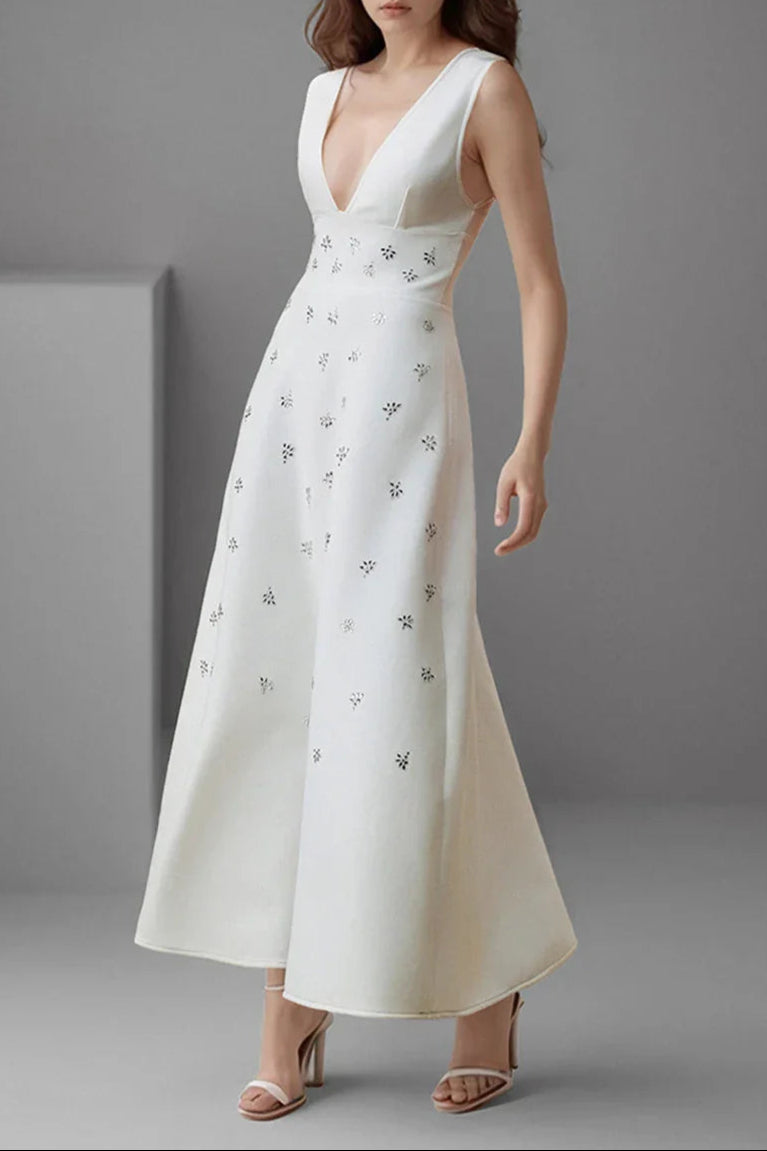 LILY WHITE V-NECK MIDI DRESS FOR WEDDING GUEST