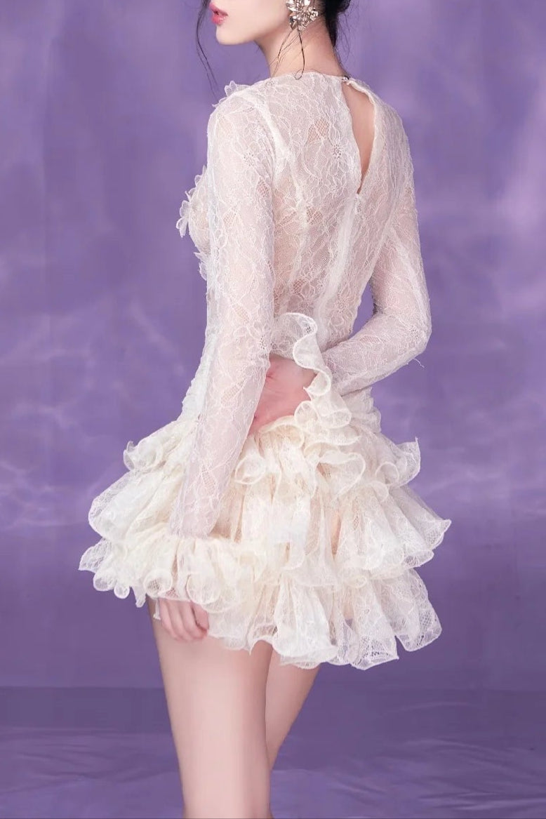 EUDORA LACE MINI DRESS WHITE, RUCHED EMBROIDERY PARTY