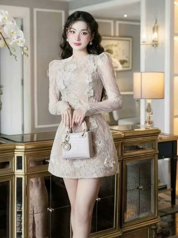 SHEER LACE FLORAL APPLIQUE MINI DRESS, LONG SLEEVE, BEIGE