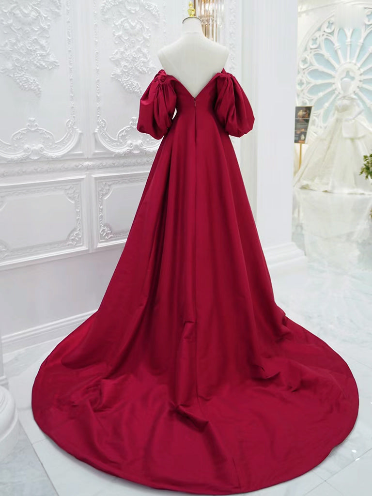 RED PUFF SLEEVE SATIN DRESS FOR PARTY