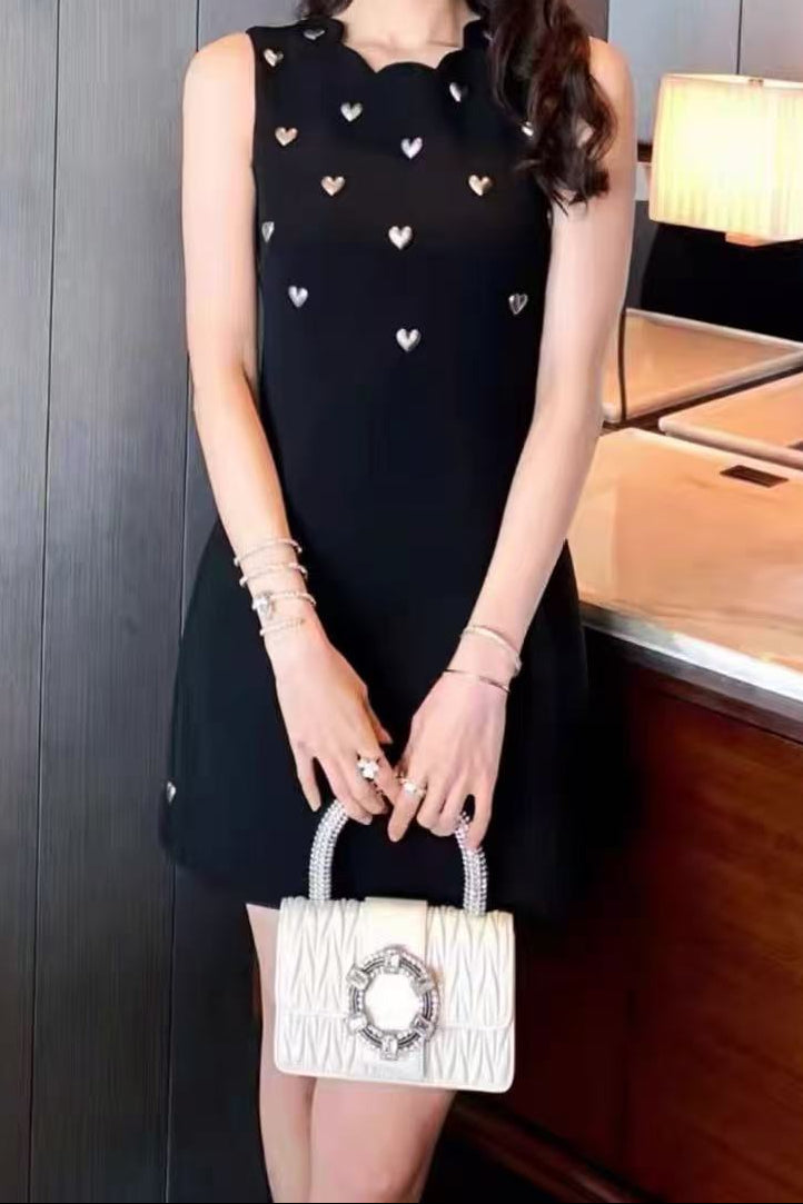 SCALLOPED NECK HEART STUD SLEEVELESS BLACK MINI DRESS