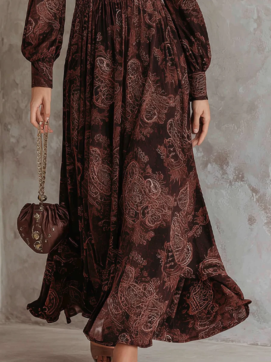BROWN PAISLEY ZIPPER WAIST MAXI DRESS