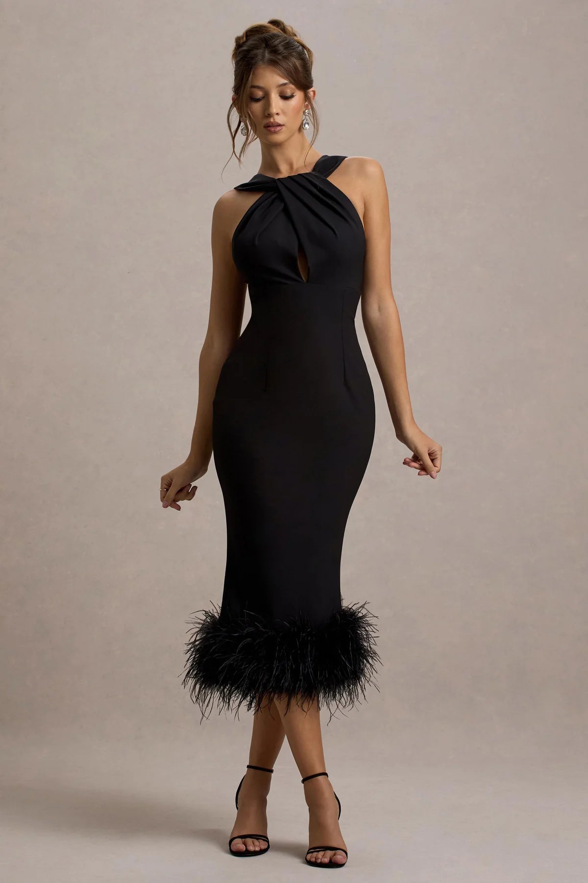 JENNY BLACK FEATHER HEM MIDI DRESS, TWIST NECK PARTY