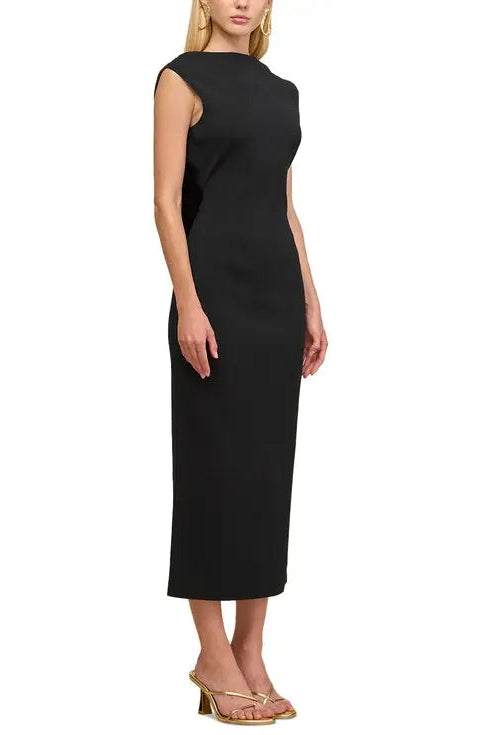 BLACK SLEEVELESS BACKLESS MIDI DRESS, GOLD PLEATED EMBELLISHMENTS