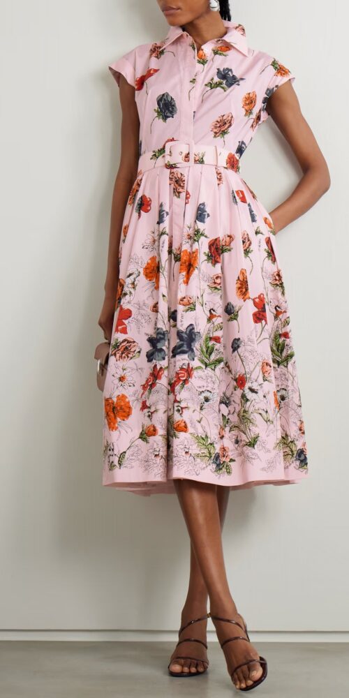 belted pleated floral-print cotton-poplin midi shirt dress - pink belted pleated floral-print cotton-poplin midi shirt dress - pink