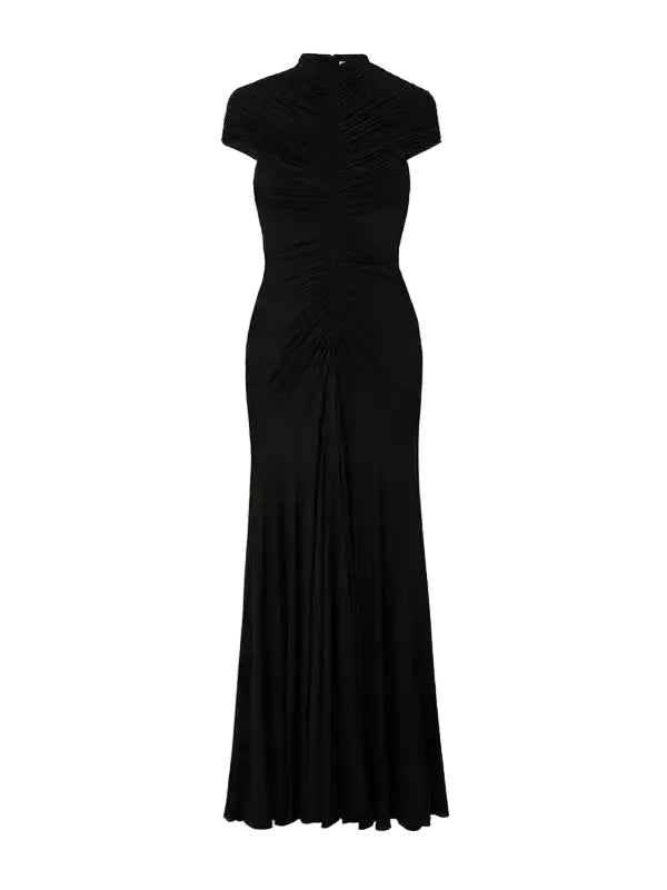LILLIAN GATHERED HIGH-NECK MAXI DRESS BLACK