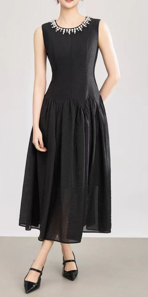 Sleeveless Midi Dress with Tulle Skirt and Pearl Embellished Collar - Sleeveless Midi Dress with Tulle Skirt and Pearl Embellished Collar -