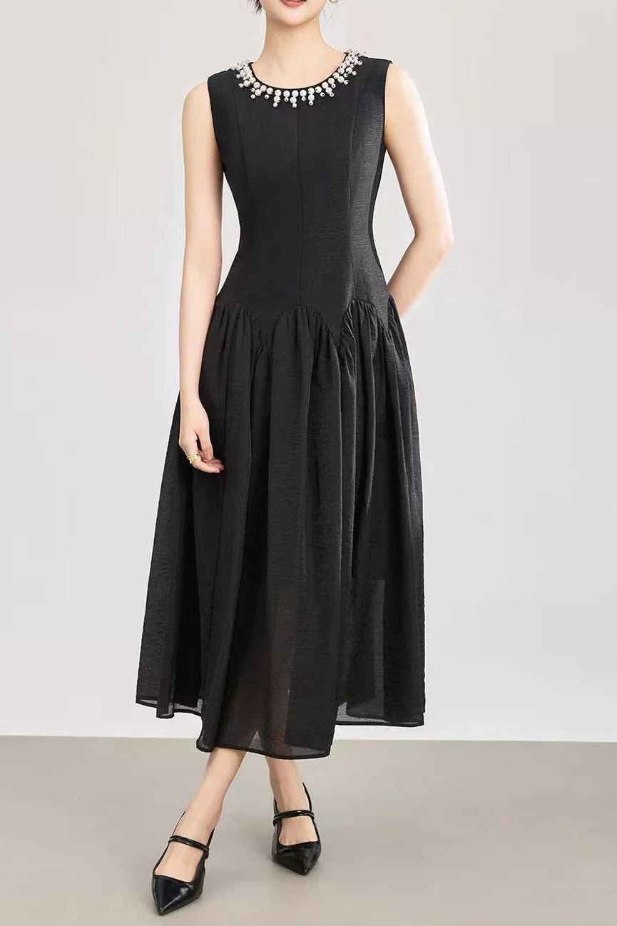 Sleeveless Midi Dress with Tulle Skirt and Pearl Embellished Collar -