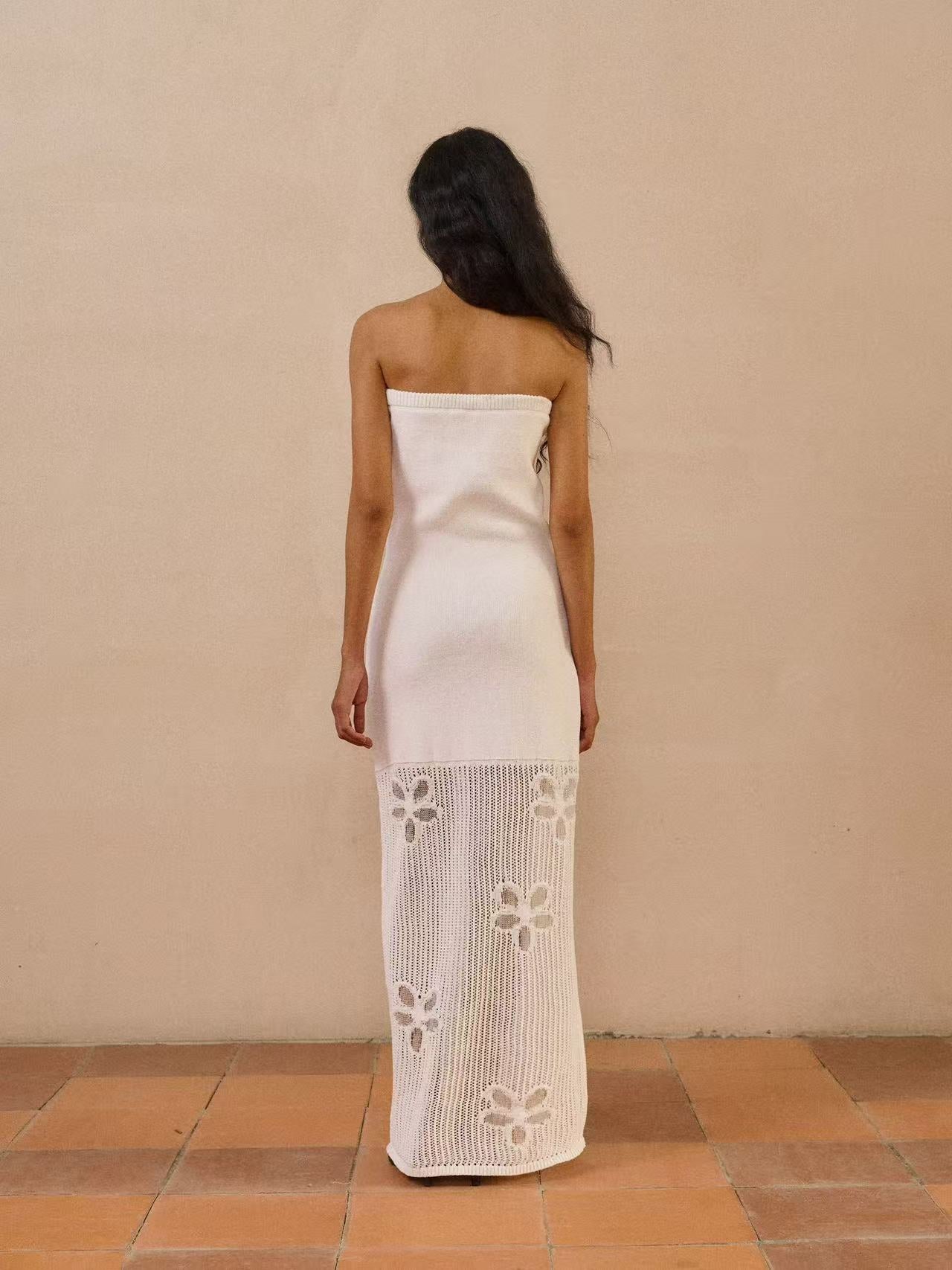WHITE STRAPLESS KNIT MAXI DRESS, CROCHET HEM