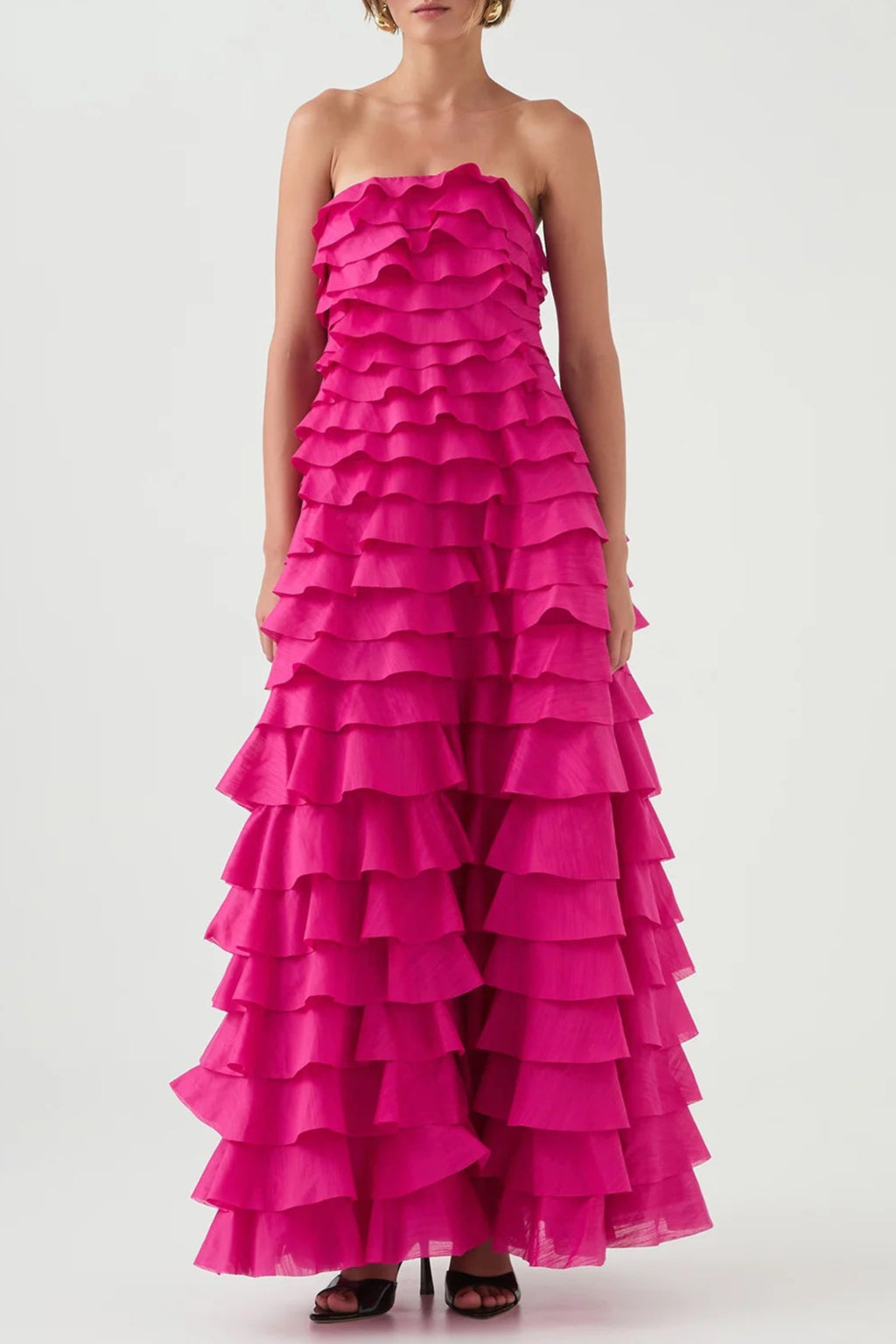 CATHY PLEATED STRAPLESS MAXI DRESS IN ROSE RED