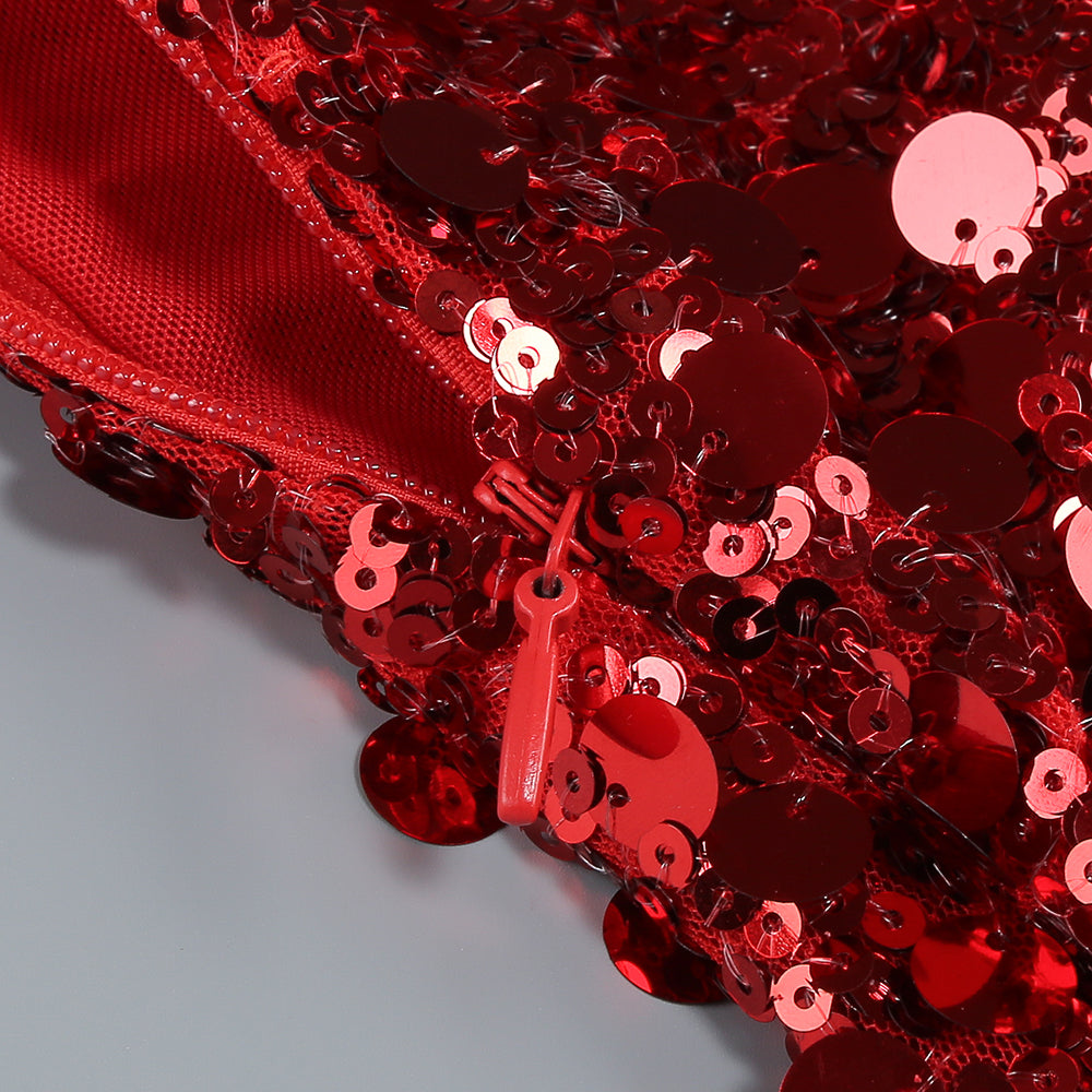 SEQUIN RED MAXI DRESS, SLEEVELESS EVENING GOWN
