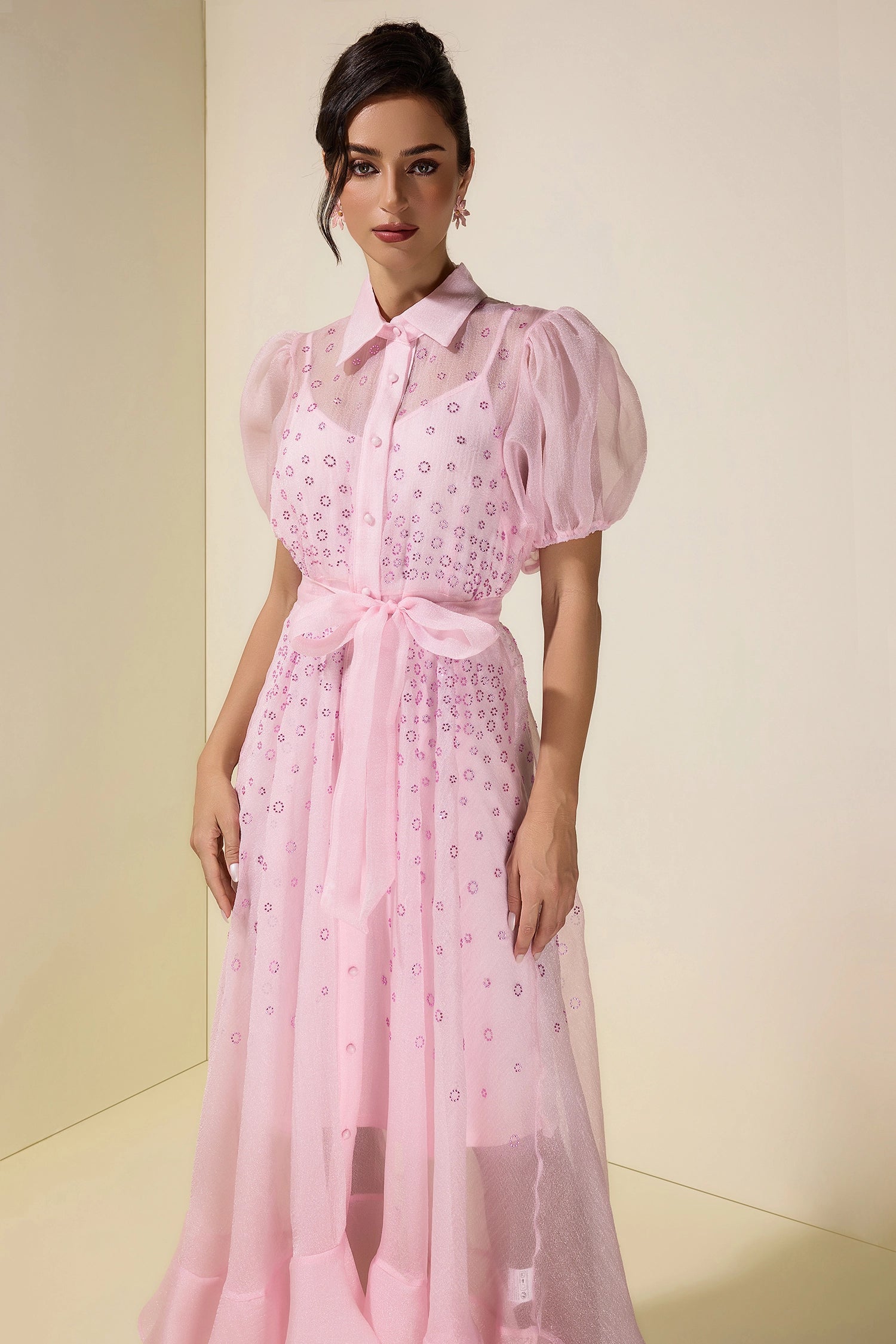 SYLVIA RHINESTONE PUFF SLEEVE MAXI DRESS - PINK