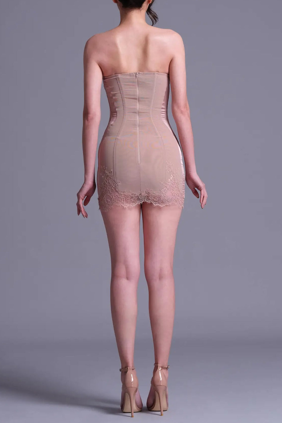 SHERRY NUDE LACE BUSTIER MINI DRESS, CORSET SILHOUETTE