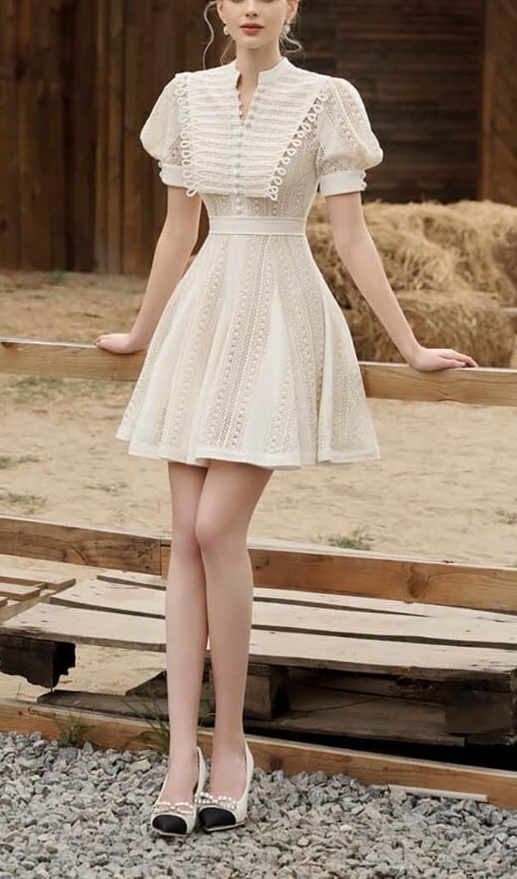 FLARED LACE PUFFY SLEEVE MINI DRESS WHITE