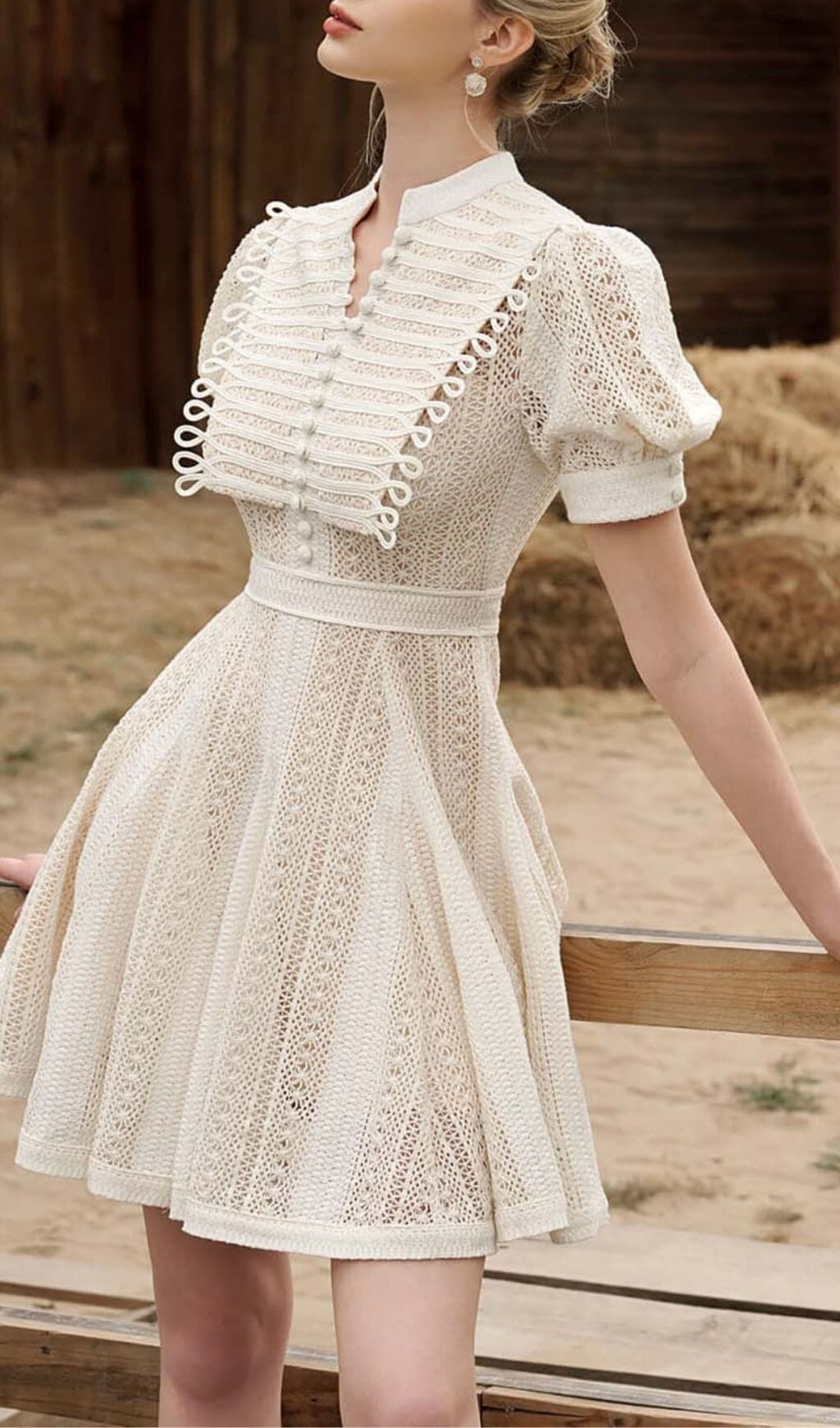 FLARED LACE PUFFY SLEEVE MINI DRESS WHITE