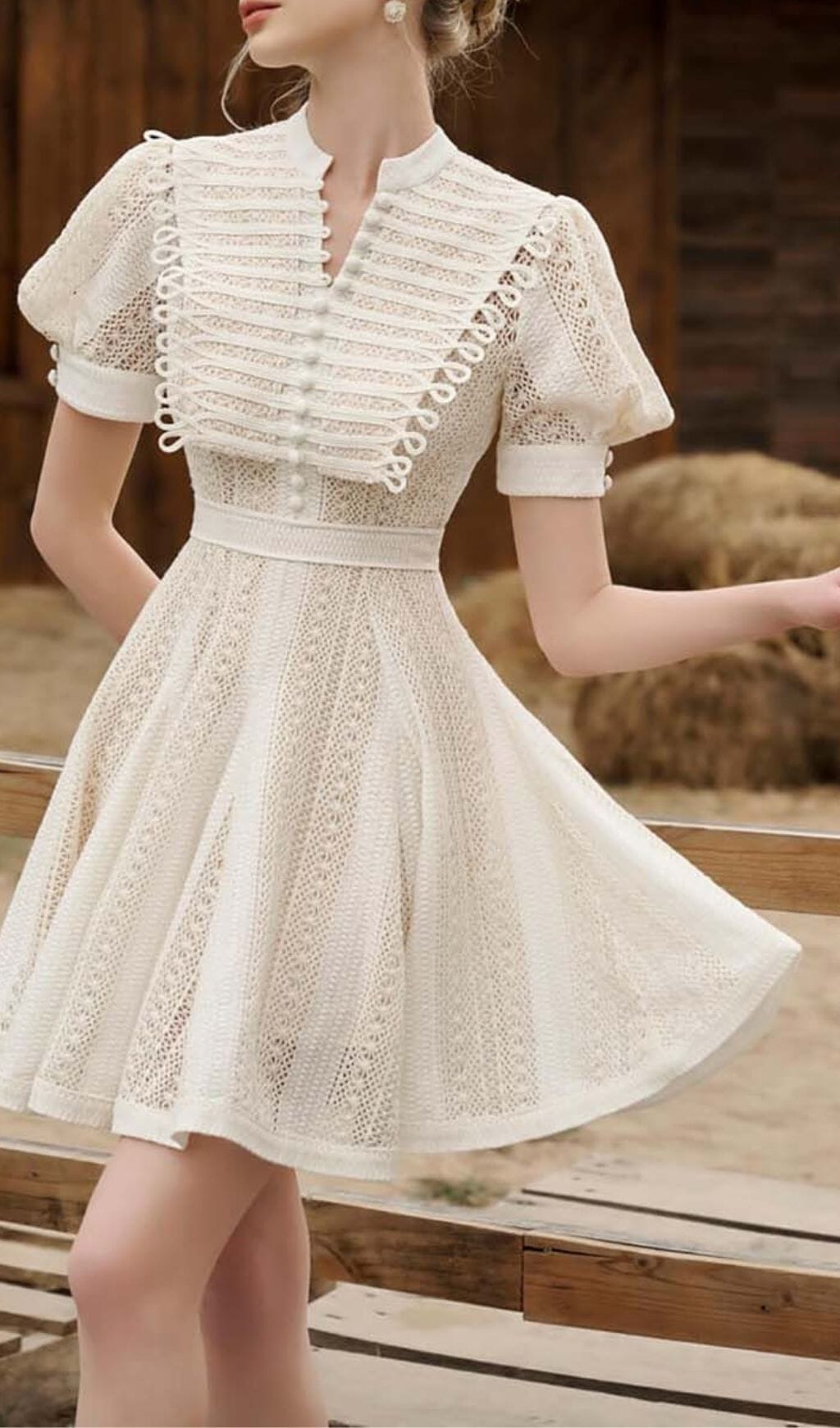 FLARED LACE PUFFY SLEEVE MINI DRESS WHITE
