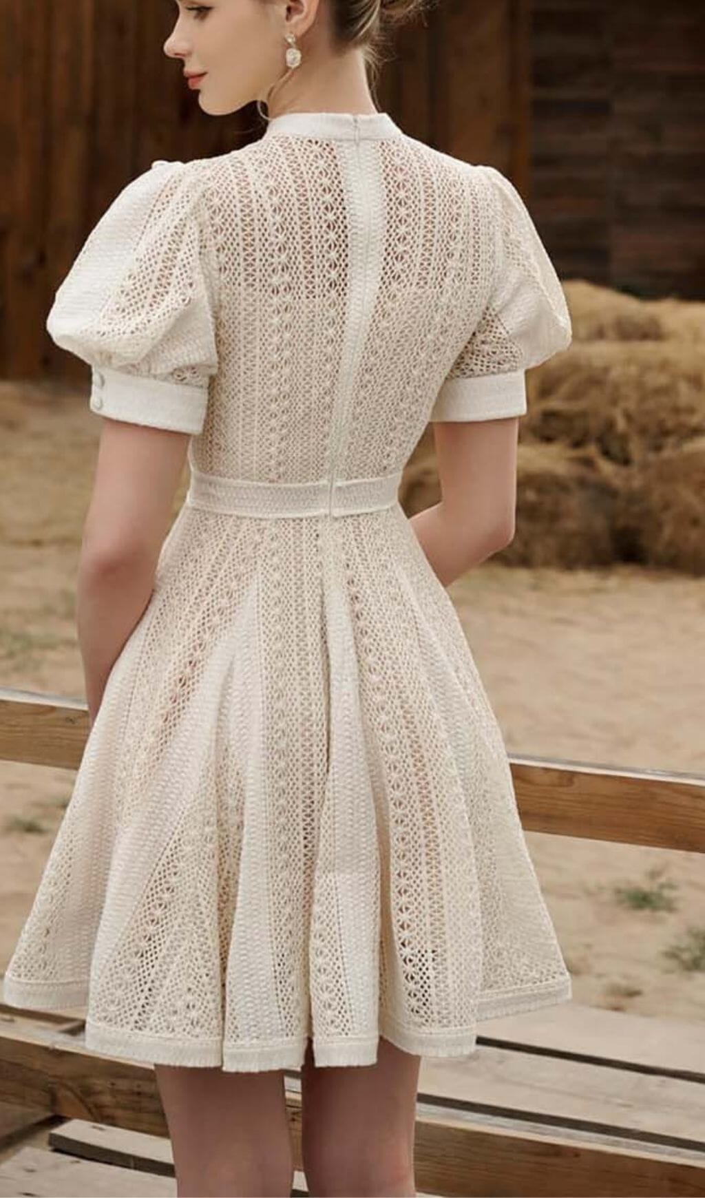 FLARED LACE PUFFY SLEEVE MINI DRESS WHITE