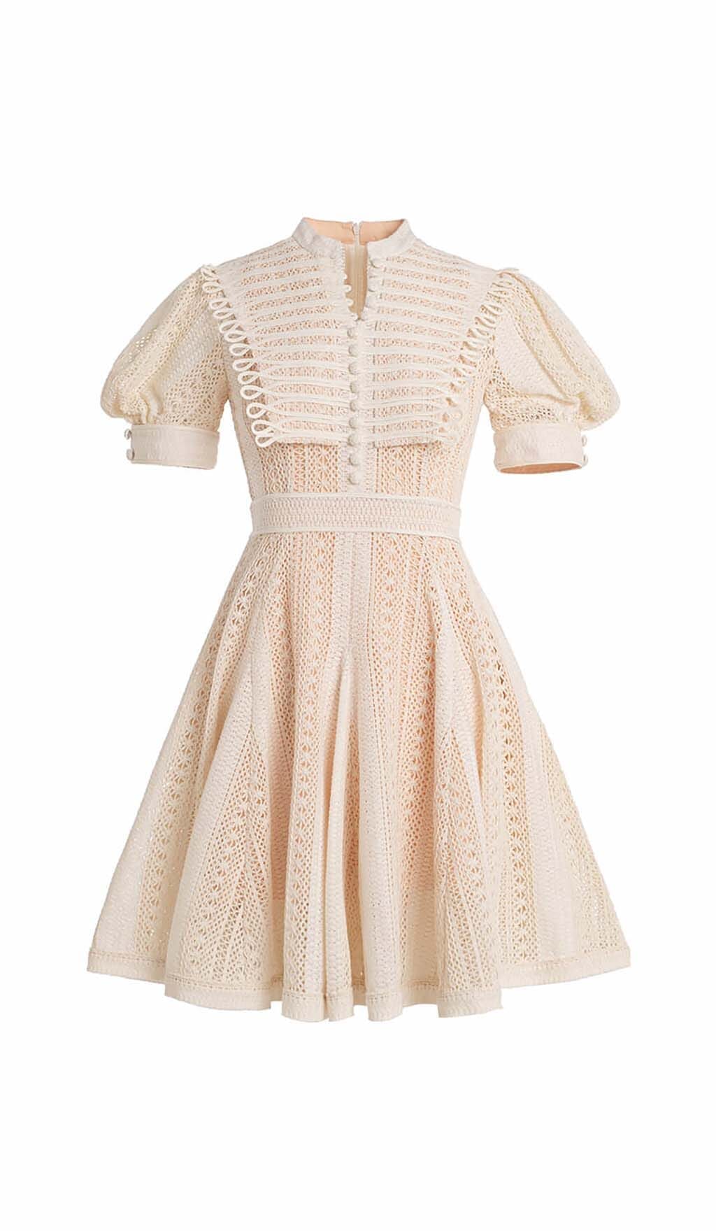 FLARED LACE PUFFY SLEEVE MINI DRESS WHITE