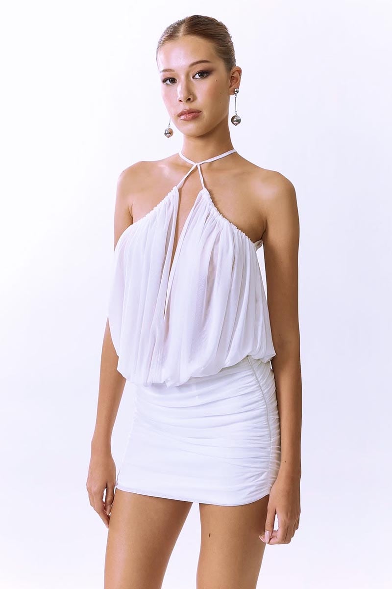 CHERYL WHITE RUCHED HALTER BODYCON MINI DRESS