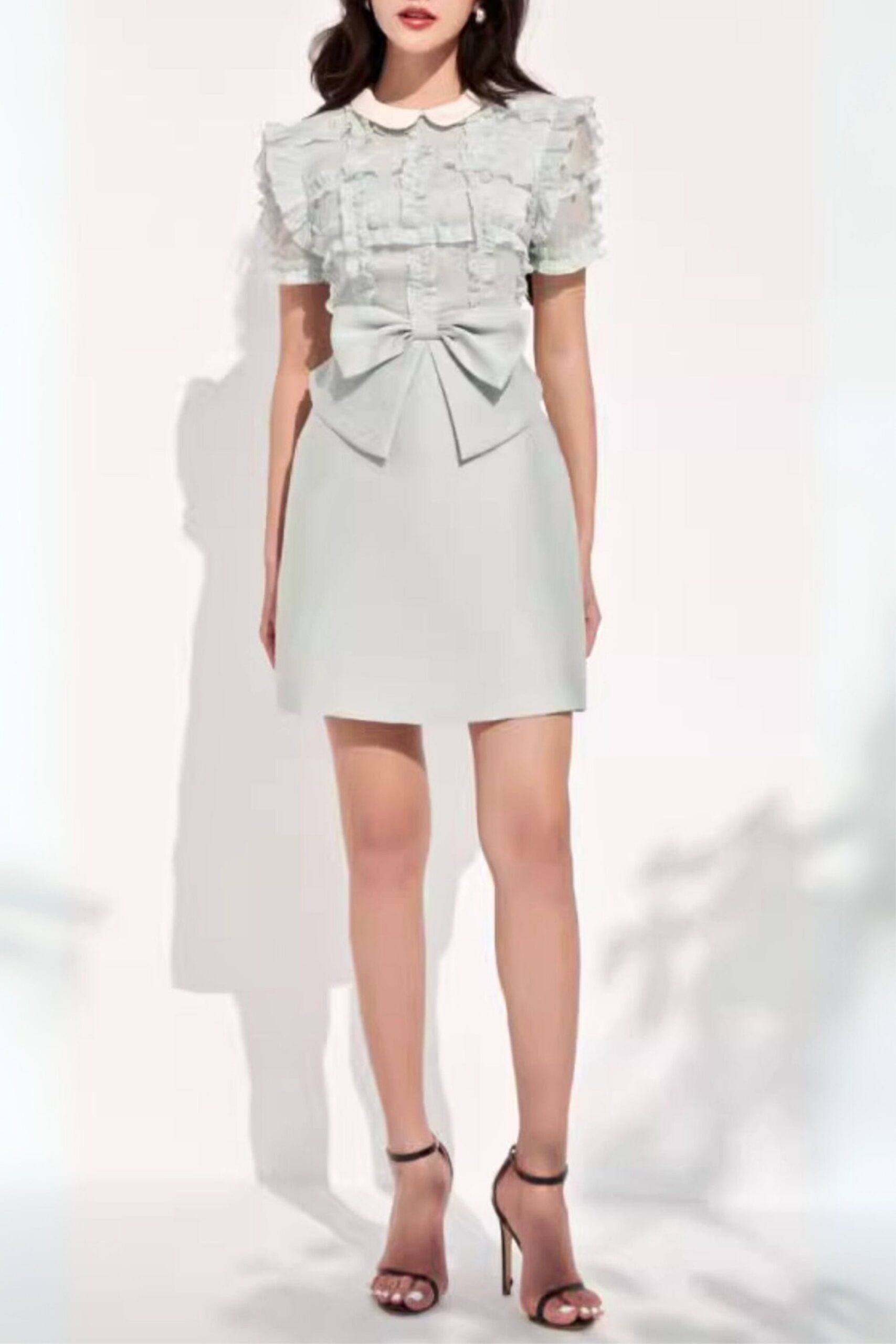 LIGHT GREEN BROCADE BOW MINI DRESS