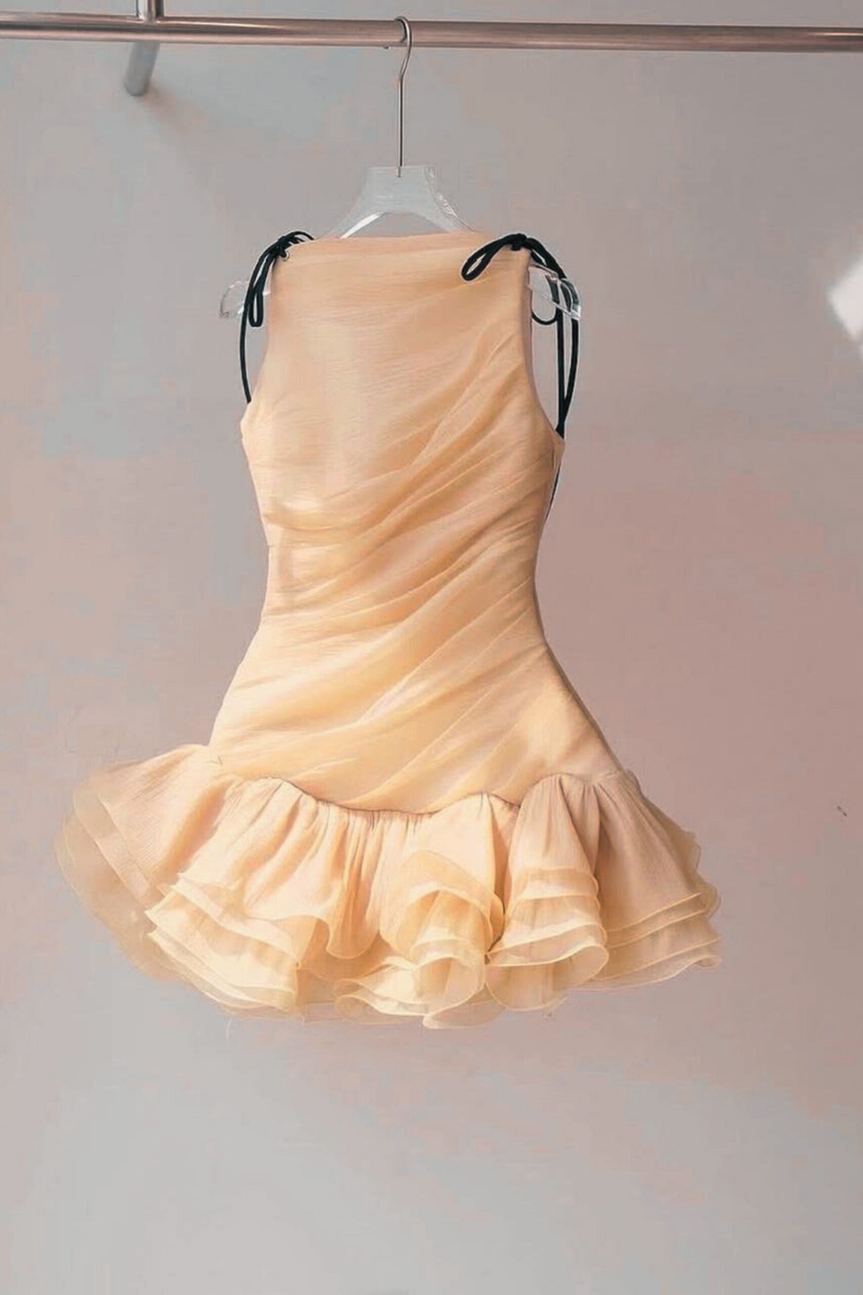 RUCHED RUFFLE HEM SLEEVELESS APRICOT MINI DRESS